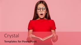  Presentation with child girl reading a book - PPT layouts having surprised brunette girl nerd in eyeglasses looking camera with opened mouth while reading book isolated background and a coral colored foreground