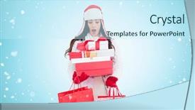  Presentation with winter blue - Colorful theme enhanced with surprised brunette in winter clothes holding many gifts and shopping bags against blue vignette backdrop and a cool aqua colored foreground