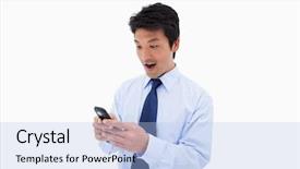  Presentation with text message - Audience pleasing slide deck consisting of surprised business man reading a text message against a white background backdrop and a light blue colored foreground