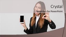  Presentation with competition official - Presentation theme having surprised businesslady in official suit background and a light gray colored foreground