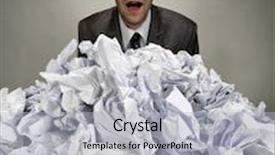  Presentation with crumpled paper various balls - PPT theme with surprised businessman reaches out from big heap of crumpled papers background and a light gray colored foreground
