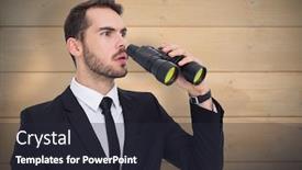  Presentation with bleached - Beautiful PPT theme featuring surprised businessman standing and holding binoculars against bleached wooden planks background backdrop and a dark gray colored foreground