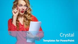  Presentation with blue pink - Slide set featuring surprised-businesswoman-in-a-casual background and a teal colored foreground