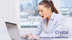  Presentation with office - Beautiful slide set featuring surprised businesswoman using her laptop backdrop and a sky blue colored foreground