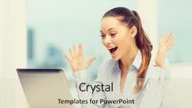  Presentation with office - Theme featuring surprised businesswoman using her laptop background and a soft green colored foreground