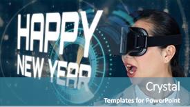  Presentation with blue video - Beautiful slide set featuring surprised businesswoman wearing virtual video backdrop and a  colored foreground