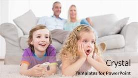  Presentation with children parents - Cool new presentation theme with surprised children watching tv while backdrop and a  colored foreground