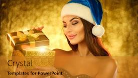  Presentation with christmas magic - Slide deck enhanced with surprised-christmas-winter-woman-opening background and a gold colored foreground