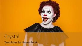  Presentation with black yellow - Amazing slide deck having surprised clown man 20s wearing black costume and halloween makeup looking aside isolated over yellow background backdrop and a gold colored foreground