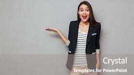  Presentation with asian - Amazing PPT theme having surprised happy asian business woman backdrop and a gray colored foreground