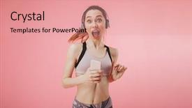  Presentation with running - Beautiful slide deck featuring surprised happy sportswoman in headphones backdrop and a coral colored foreground