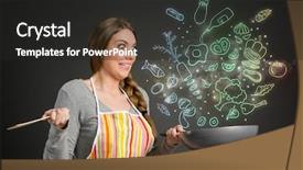  Presentation with fly - Beautiful PPT theme featuring surprised housewife with pan looking at draw fly vegetables backdrop and a dark gray colored foreground