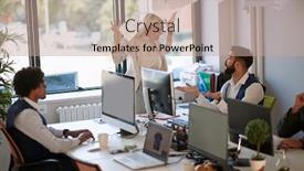  Presentation with employee - Cool new PPT theme with surprised-male-employee-explaining backdrop and a coral colored foreground