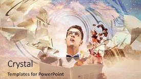  Presentation with newspaper - Presentation design consisting of young surprised man reading the newspaper background and a coral colored foreground