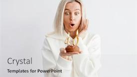  Presentation with birthday party - PPT theme consisting of surprised-middle-aged-woman-looks background and a light gray colored foreground