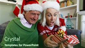  Presentation with lockdown - Presentation theme consisting of surprised-senior-couple-opening-gift background and a forest green colored foreground