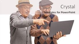  Presentation with laptop - Audience pleasing PPT theme consisting of surprised-senior-men-looking backdrop and a soft green colored foreground