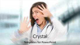  Presentation with health care - Cool new slide deck with surprised shocked scared doctor woman afraid and frightened covering her face with hands showing funny expression shocked and surprised female medical health care professional in hospital backdrop and a light gray colored foreground