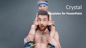  Presentation with father - PPT theme having surprised smiling father with opened mouth holding his little son on his shoulders over grey background background and a gray colored foreground
