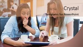  Presentation with hands holding black tablet - Beautiful presentation theme featuring surprised while sitting in canteen backdrop and a coral colored foreground