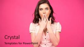  Presentation with woman covering man mouth hand - Amazing PPT theme having surprised woman covering her mouth backdrop and a coral colored foreground