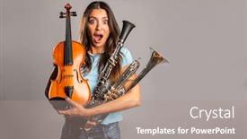  Presentation with gray - Theme having surprised-woman-holding-musical-instruments background and a coral colored foreground