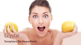  Presentation with two people holding hands - Slide deck with surprised-woman-holding-two-apples background and a coral colored foreground