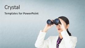  Presentation with blue - Amazing PPT theme having surprised woman looking through binoculars backdrop and a lemonade colored foreground