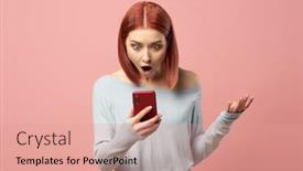  Presentation with phone - Slide deck consisting of surprised-woman-with-phone background and a coral colored foreground
