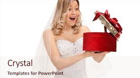  Presentation with wedding white - Presentation theme consisting of surprised young bride opening a wedding present isolated on white background background and a lemonade colored foreground