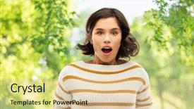  Presentation with emotion - Presentation design consisting of surprised young woman in stripe background and a lemonade colored foreground