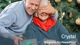  Presentation with man joined woman - Slide deck with surprising woman with christmas gift background and a  colored foreground