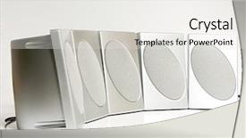  Presentation with speakers - Presentation theme featuring surround sound - five silver speakers 1116_02 background and a  colored foreground