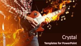  Presentation with electric guitar - Colorful slide set enhanced with young man playing electric guitar and fire surrounding instrument on dark background backdrop and a wine colored foreground
