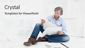  Presentation with designs - PPT layouts featuring young mechanical engineer surrounded by huge technical drawings sitting on the floor on more designs going over the technical details with a red pencil in his hand background and a white colored foreground