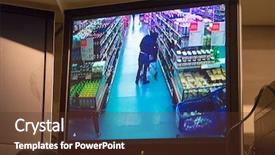  Presentation with supermarket - Slides having surveillance - monitor with shopping person background and a tawny brown colored foreground