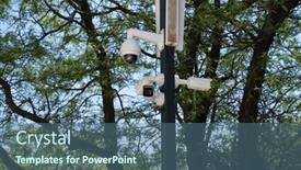  Presentation with camera security - Presentation design featuring surveillance-camera-in-the-city background and a ocean colored foreground