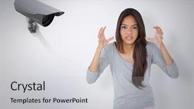  Presentation with cctv camera - Beautiful PPT layouts featuring surveillance cameras - angry brunette gesturing against cctv backdrop and a  colored foreground