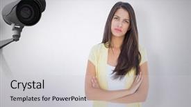  Presentation with cctv camera - Cool new slide deck with surveillance cameras - frowning casual woman looking backdrop and a light gray colored foreground