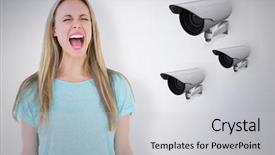  Presentation with cctv camera - Beautiful slide deck featuring surveillance cameras - furious blonde standing and screaming backdrop and a  colored foreground