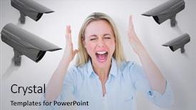  Presentation with cctv camera - Presentation design consisting of surveillance cameras - furious blonde standing and screaming background and a  colored foreground