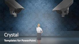  Presentation with dark room for interrogation - PPT theme consisting of surveillance cameras - thinking businesswoman against dark grimy background and a ocean colored foreground