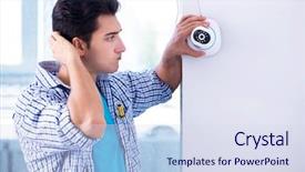  Presentation with surveillance - Cool new slide deck with alarm system protection - man installing surveillance cctv cameras backdrop and a sky blue colored foreground