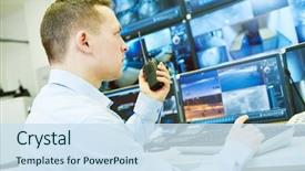  Presentation with monitoring - Colorful presentation theme enhanced with surveillance security system video monitoring backdrop and a sky blue colored foreground