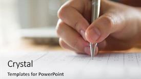  Presentation with application - Colorful slide set enhanced with survey checkbox - hand with pen over application backdrop and a white colored foreground