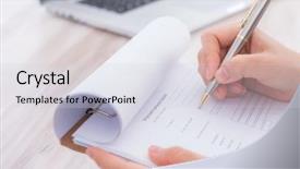  Presentation with application - Audience pleasing slides consisting of survey checkbox - hand with pen over application backdrop and a lemonade colored foreground