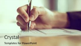  Presentation with application - Cool new slide deck with survey checkbox - hand with pen over application backdrop and a coral colored foreground