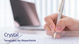  Presentation with nurse application - PPT theme consisting of survey checkbox mark white laptop - hand with pen over application background and a sky blue colored foreground