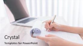  Presentation with application - Beautiful theme featuring survey checkbox mark white laptop - hand with pen over application backdrop and a  colored foreground