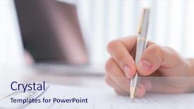  Presentation with nurse application - Theme enhanced with survey checkbox mark white laptop - hand with pen over application background and a  colored foreground